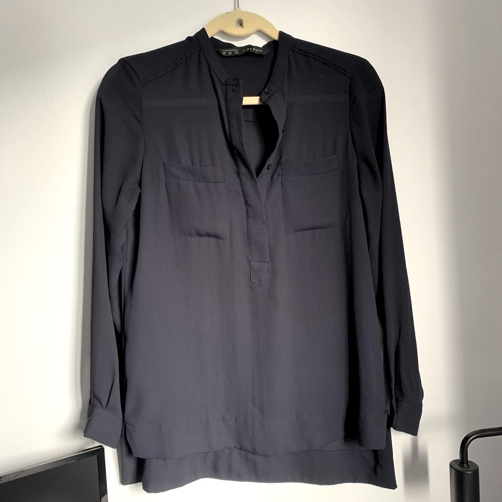 Zara Women Navy Mandarin Collar Top Small